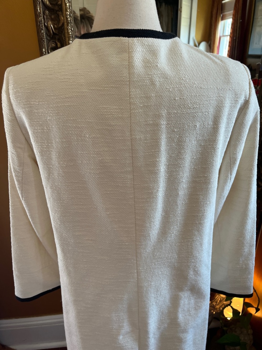 Talbots collarless textured Ivory Coat/Duster w/ Black Trim & pockets Size 14 - Picture 8 of 17